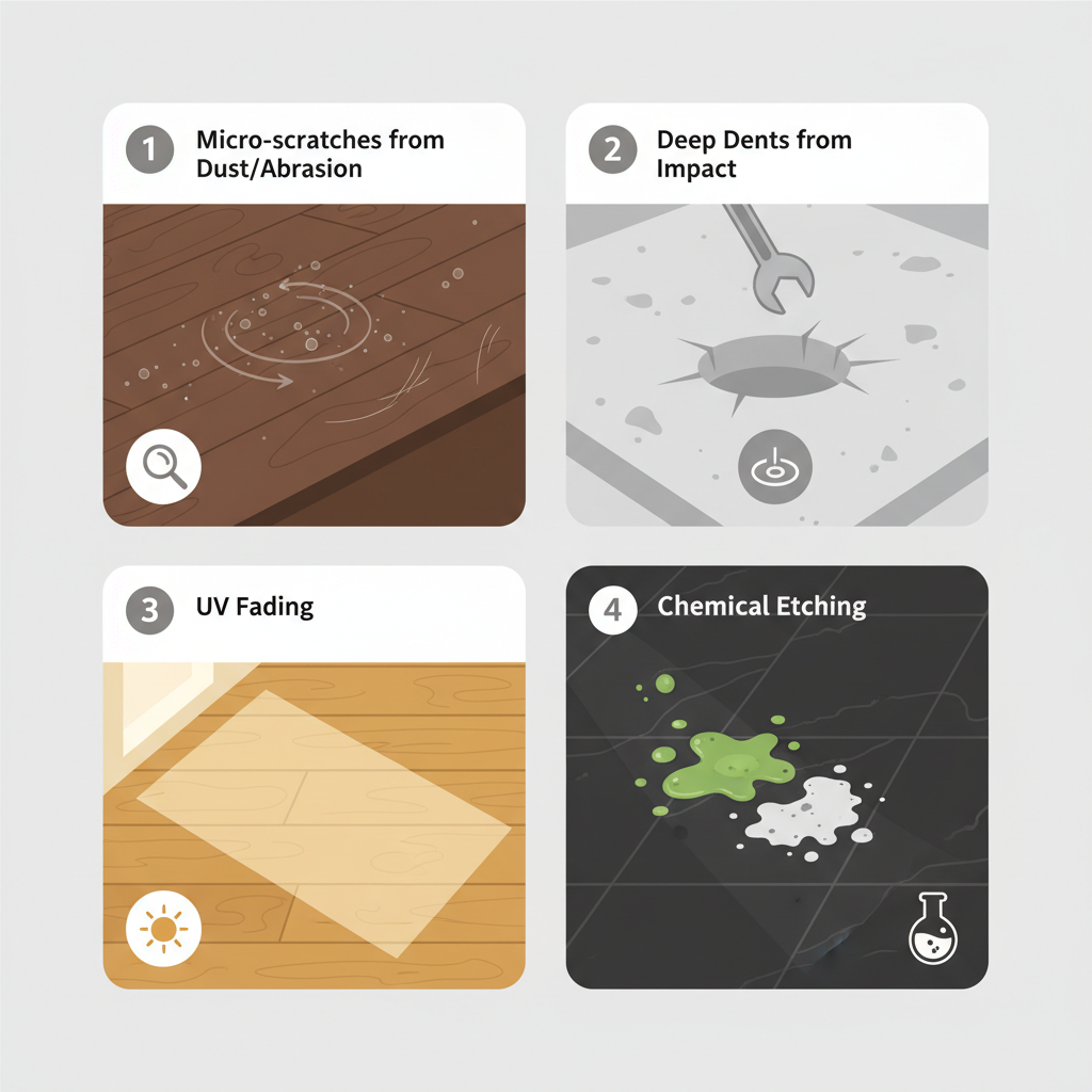 An illustrative infographic-style image depicting various types of floor damage. Show distinct sections for: 1) Micro-scratches from dust/abrasion (magnified view of tiny particles on a surface), 2) Deep dents from impact (a dropped object creating a clear dent), 3) UV fading (a sunbeam hitting a floor, showing a faded patch where a rug was), and 4) Chemical etching (a drop of harsh cleaner leaving a mark). Use clear icons or subtle visual cues for each type. Style: clean, modern flat design with subtle textures, informative.