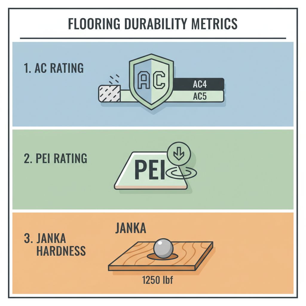 An infographic-style illustration presenting three key flooring durability metrics. Each metric should have a distinct, modern icon and a visual representation: 1. AC Rating: A stylized gear or shield with 'AC' and levels (AC4, AC5) indicating abrasion resistance, possibly with a tiny, stylized sandpaper texture being repelled. 2. PEI Rating: A ceramic tile with 'PEI' and a foot icon or a weight dropping on it, showing impact and surface wear resistance. 3. Janka Hardness: A cross-section of wood with a steel ball indenting it, showing the 'Janka' scale and a numerical value. The overall style should be clean, modern, and informative, using a consistent, professional color palette.
