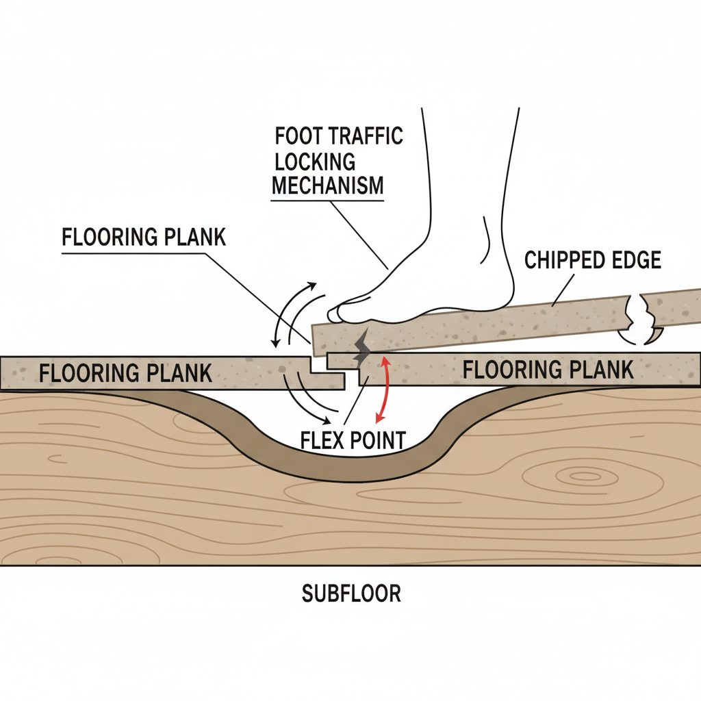 Uneven Subfloor: The Root of Chipped Edges A technical diagram showing a flooring plank flexing and chipping over an uneven subfloor, stressing the locking mechanism under foot traffic.