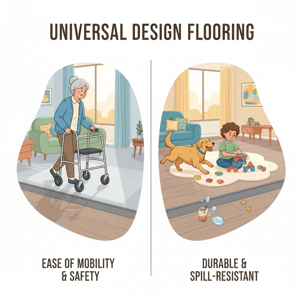 A split-scene or composite illustration demonstrating universal design principles for multi-generational flooring. On one side, show an elderly person smoothly gliding a walker over a seamless, ADA-compliant transition strip between two different flooring types (e.g., LVP and a low-pile carpet). On the other side, show a child playing and a pet running on a durable, spill-resistant LVP surface. The overall image emphasizes safety, ease of mobility, and robust durability. Style: friendly, modern illustration, clear lines, focus on accessibility and practical use.