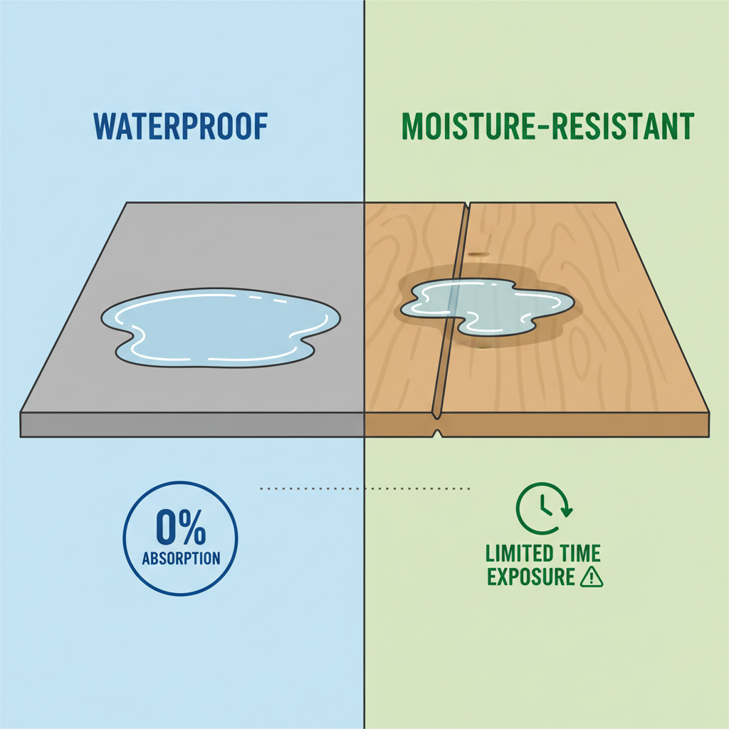 An infographic-style illustration contrasting 'Waterproof' and 'Moisture-Resistant' flooring. On the 'Waterproof' side, show a seamless, rigid core (like SPC or tile) with a pool of water sitting on it, not penetrating, perhaps with a '0% absorption' icon. On the 'Moisture-Resistant' side, show a laminate plank with water starting to seep into the seams after a period, indicated by a small clock icon and a 'limited time' warning. Use a clean, modern, flat design with clear visual cues.
