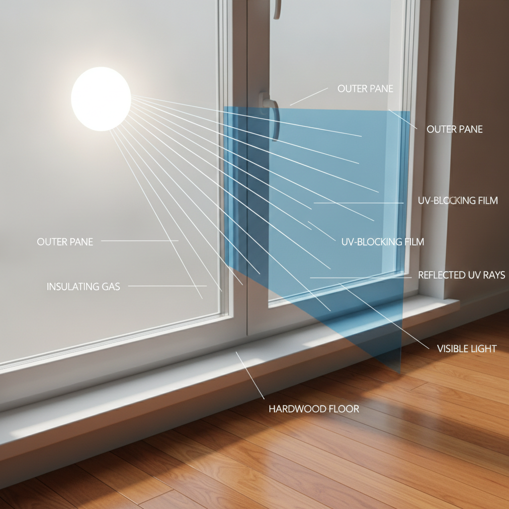 A technical illustration of a window cross-section showing a UV-blocking film layer reflecting harmful UV rays while allowing visible light to pass through onto an undamaged floor.