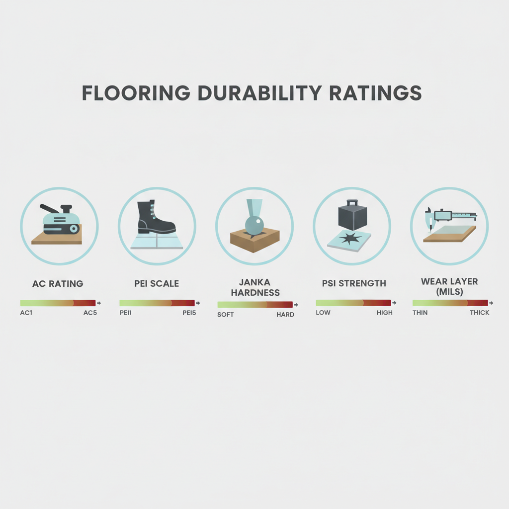 A Visual Guide to Flooring Durability Ratings A clean, modern infographic on a light background explaining flooring durability ratings. Feature five distinct icons in a row: a sander for 'AC Rating', a boot on a tile for 'PEI Scale', a steel ball pressing into wood for 'Janka Hardness', a heavy weight for 'PSI Strength', and a caliper measuring a thin layer for 'Wear Layer (Mils)'. Each icon has a clear label and a simple visual representation of its scale.