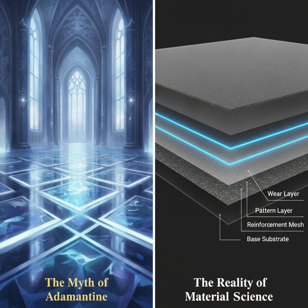 A split-screen visual comparing the myth of a glowing, crystalline Adamantine floor with the modern reality of a high-performance, multi-layered epoxy floor cross-section.