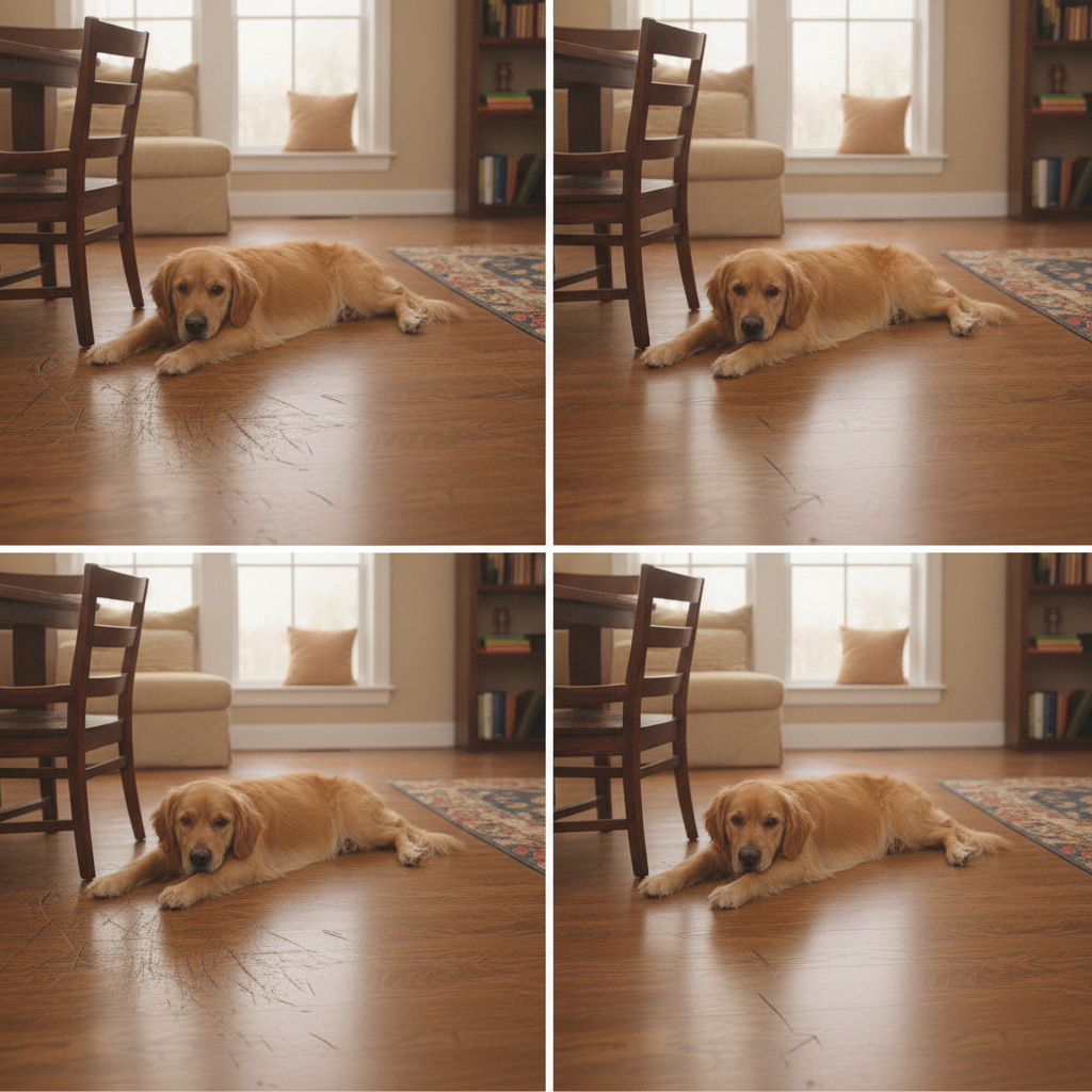 Adamantine Flooring vs. Everyday Wear and Tear Side-by-side comparison showing a hardwood floor with scratches from a dog and chair, next to a pristine Adamantine floor under the same conditions, demonstrating its scratch resistance.