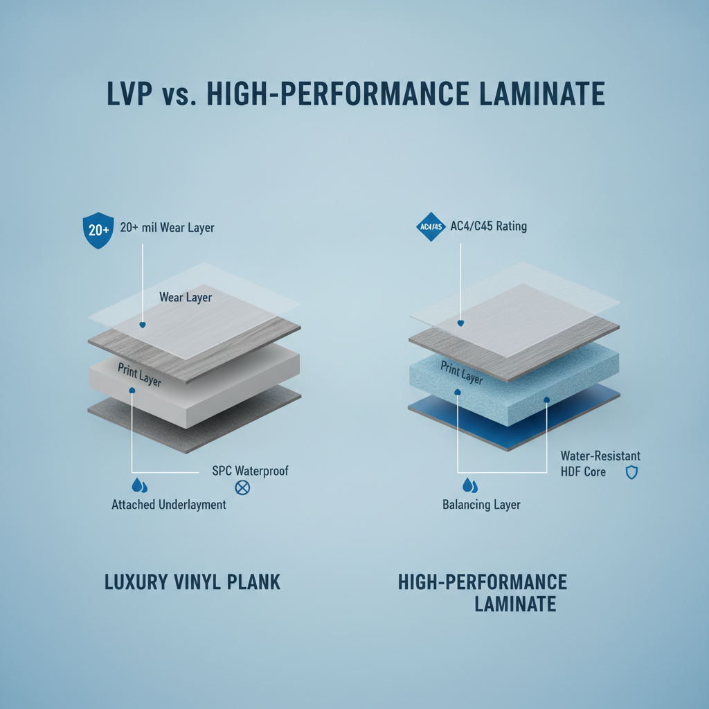 Anatomy of a Durable Floor Infographic showing a cross-section of durable flooring, highlighting the wear layer, waterproof core, and AC rating.