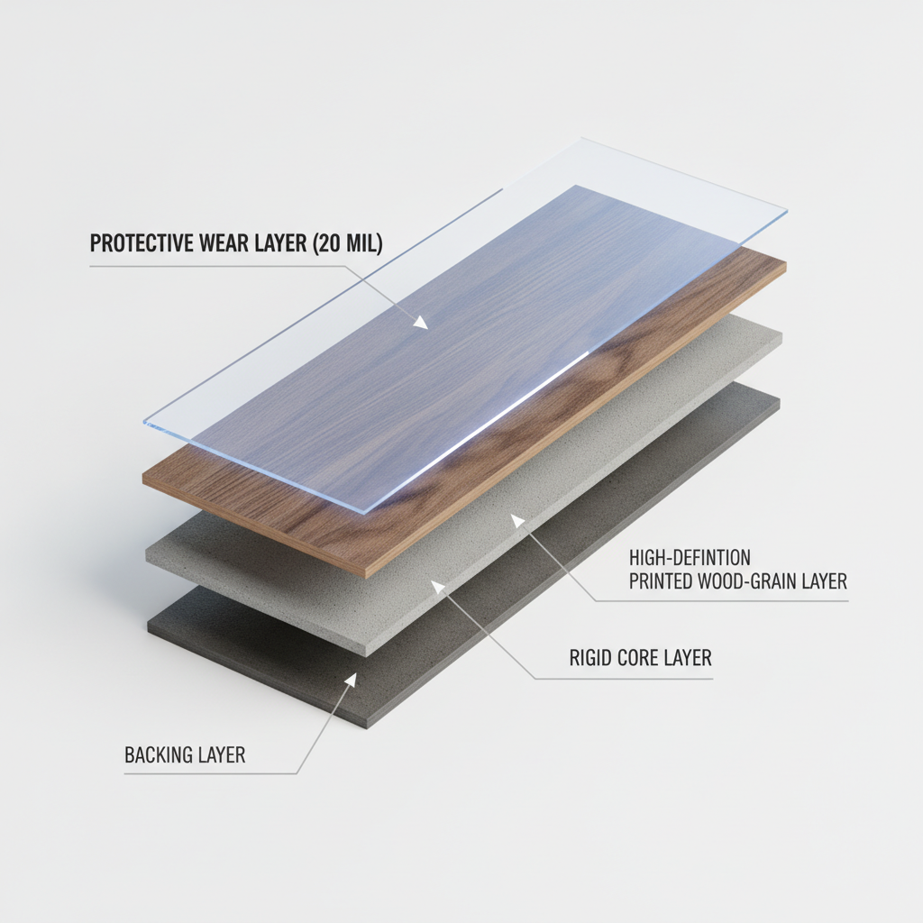 A 3D cutaway illustration of a luxury vinyl plank showing its layers, with a highlighted protective wear layer.