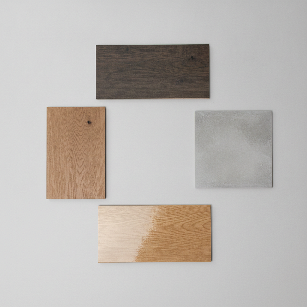 Comparing Top Durable Flooring Materials A top-down view of flooring samples: luxury vinyl plank, porcelain tile, AC5 laminate, and engineered hardwood, showcasing their different textures.