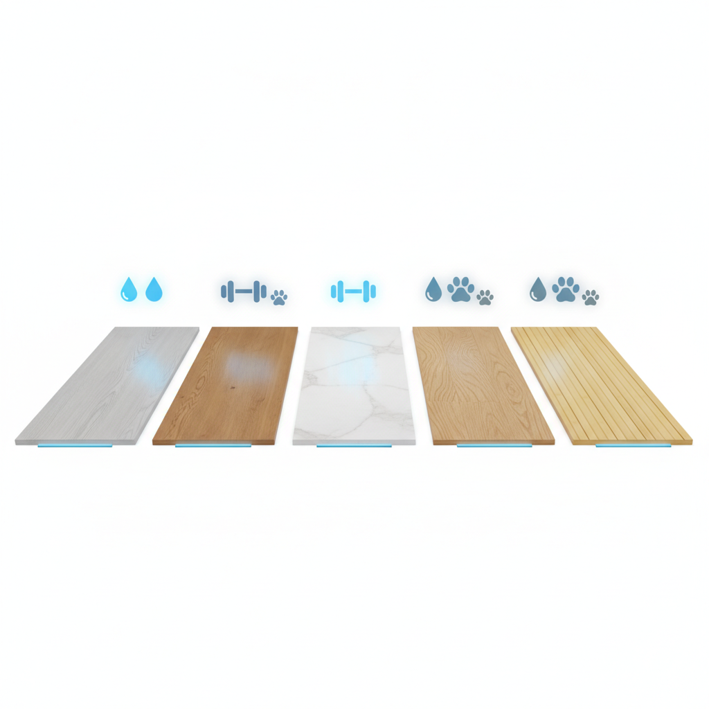 Comparing the Top Durable Flooring Options A 3D render comparing five durable flooring types—vinyl, laminate, tile, hardwood, and bamboo—with icons for water, impact, and scratch resistance.