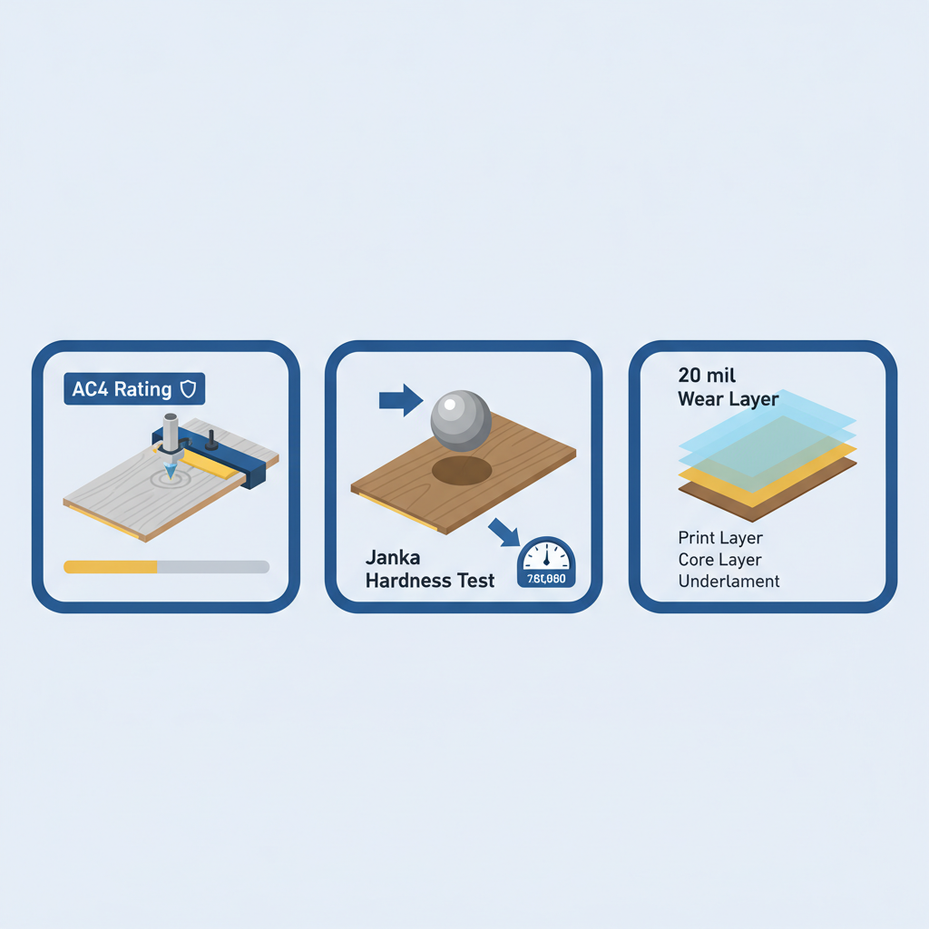 Infographic icons explaining flooring durability: an AC rating test on laminate, a Janka hardness test on wood, and a cross-section of an LVP wear layer.