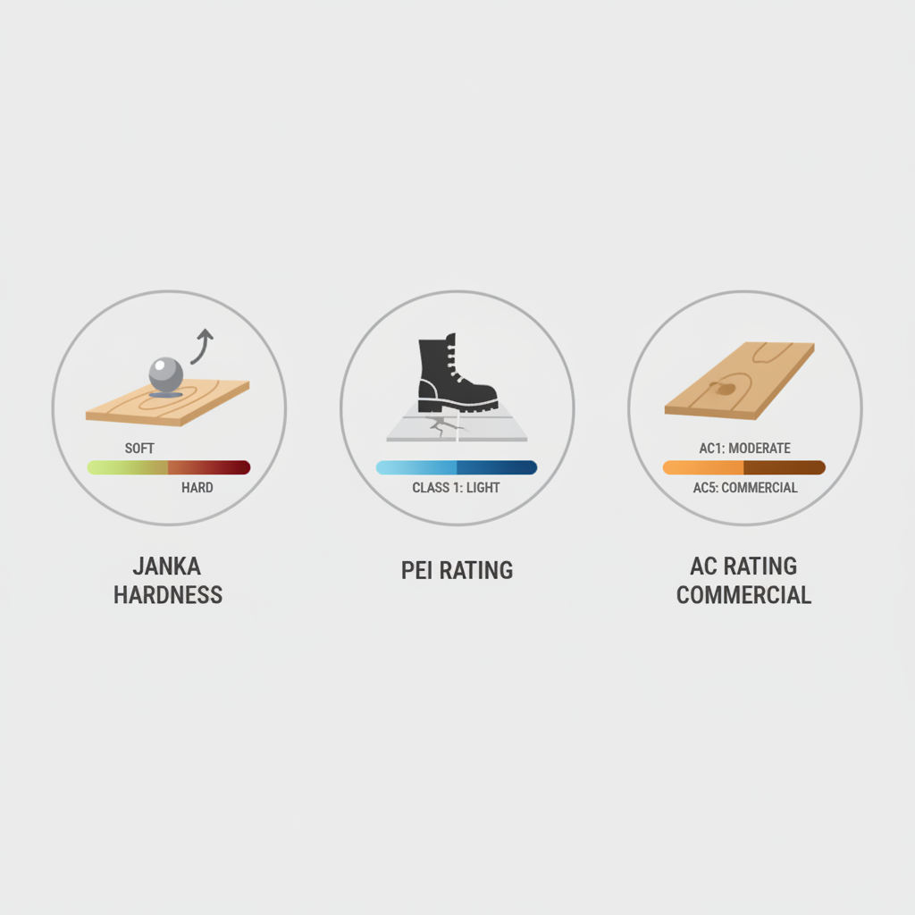 Decoding Flooring Durability Ratings An infographic explaining flooring durability ratings with icons for Janka Hardness, PEI Rating for tile, and AC Rating for laminate.
