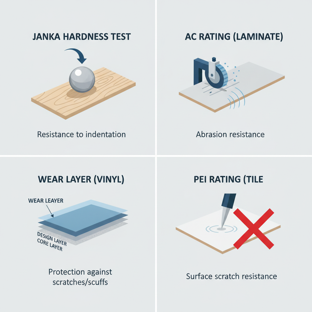 A clean, modern infographic illustration on a light gray background, divided into four quadrants. Each quadrant visually explains a key flooring durability test: one shows a steel ball pressing into a wood plank ('Janka Test'), another shows a machine scuffing a laminate board ('AC Rating'), a third shows a magnified cross-section of a vinyl plank highlighting its protective top layer ('Wear Layer'), and the last shows a sharp point failing to scratch a tile ('PEI Rating'). Style: Flat design, technical diagrams, clear labels, and a professional color palette of blues and grays.