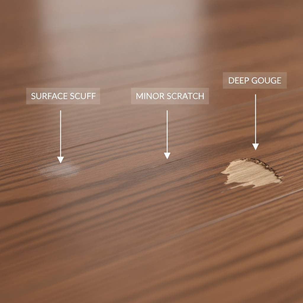 Diagnosing Floor Scratches: From Surface Scuff to Deep Gouge Diagram showing a cross-section of a wood floor with three levels of damage: a surface scuff, a minor scratch in the finish, and a deep gouge into the wood.