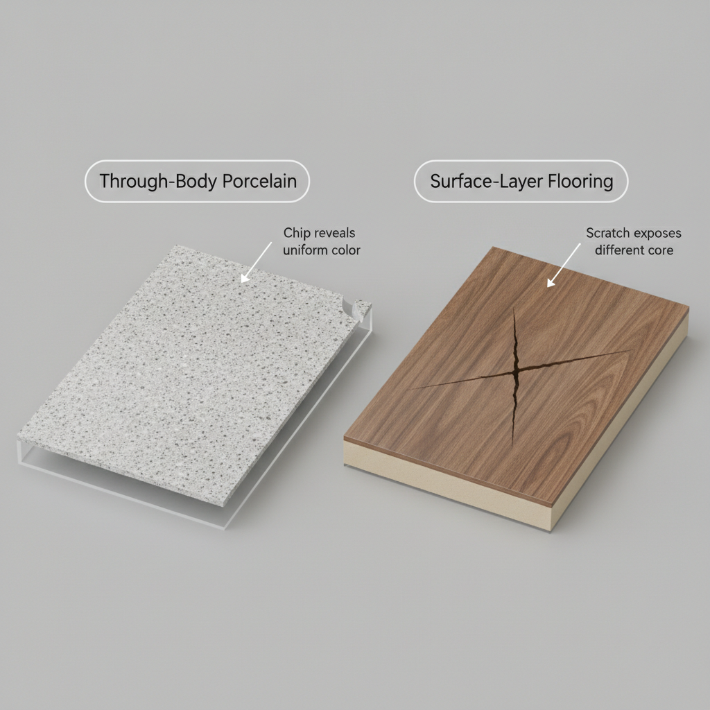 A 3D comparison showing a chipped through-body porcelain tile with consistent color, versus a scratched surface-layer tile revealing a different core material.