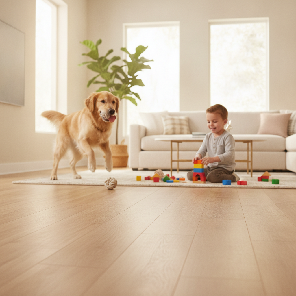 Durable LVT Flooring for Homes with Pets and Kids A warm, inviting, low-angle shot of a modern living room with luxury vinyl plank flooring. A happy golden retriever is mid-play, with a toy on the floor, and a young child is sitting nearby building with colorful blocks. The floor is pristine, showing no scratches or dents, perfectly illustrating its resilience against pets and kids.