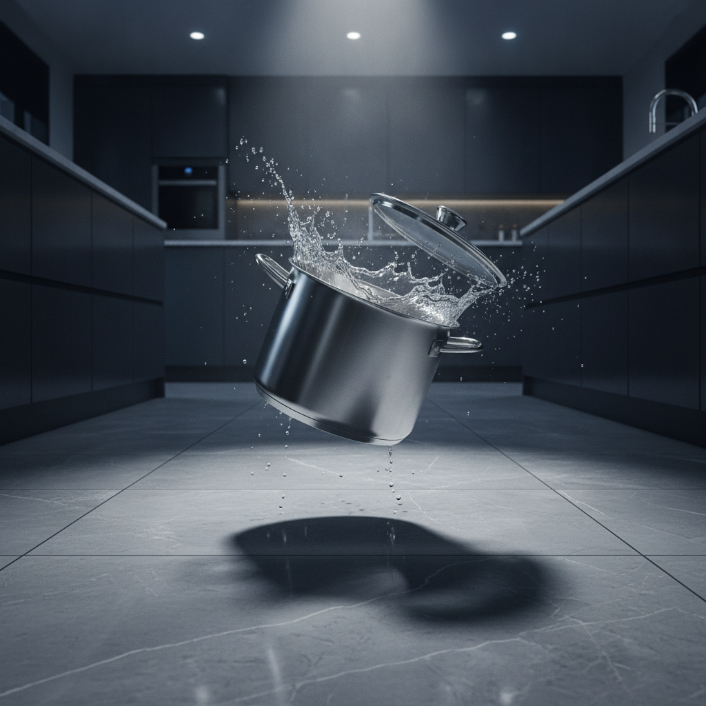 Extreme Impact Resistance in the Kitchen A dynamic photo of a stainless steel pot frozen mid-air, about to hit a pristine porcelain tile kitchen floor, illustrating the floor's extreme impact resistance.