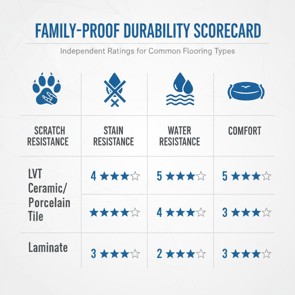 An infographic of the Family-Proof Durability Scorecard, showing icons for scratch, stain, water resistance, and comfort next to flooring types with star ratings.