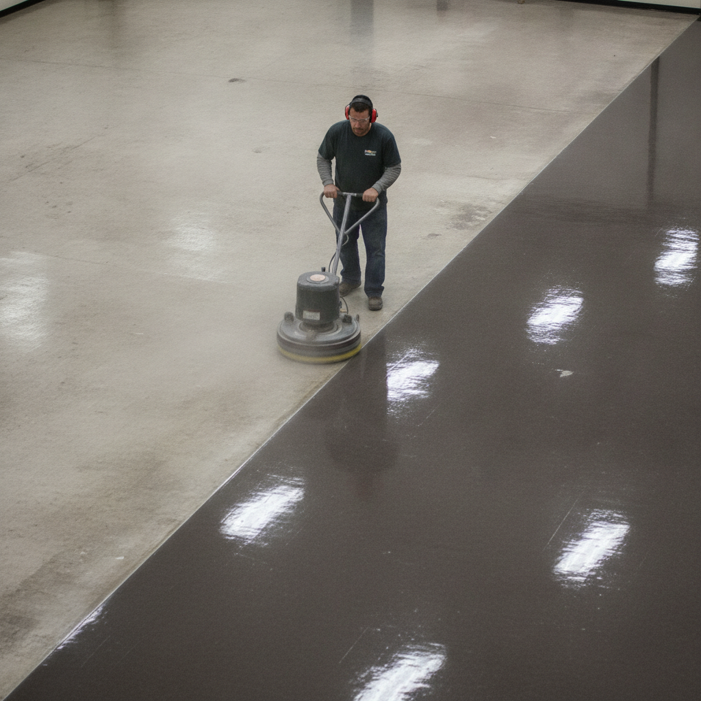 Split-screen image showing a floor buffer transforming a dull, scuffed floor into a high-gloss, mirror-like surface.
