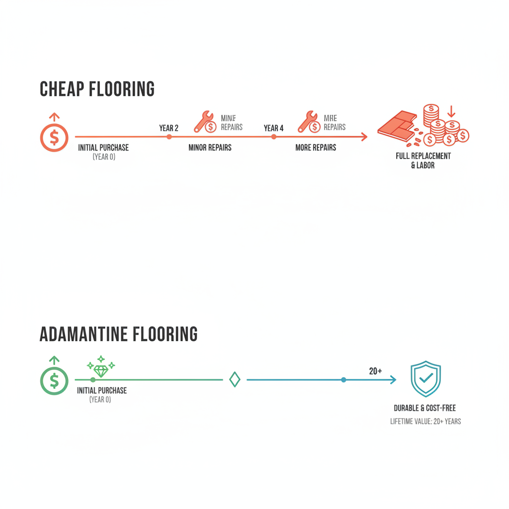 Flooring: Total Cost of Ownership Infographic comparing the total cost of ownership of cheap flooring vs. durable Adamantine flooring over 20 years, showing the latter is a better investment.
