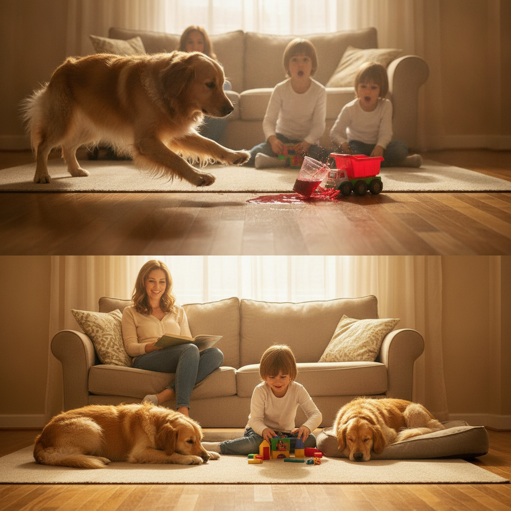 From Chaos to Calm: The Power of Durable Flooring A split-panel image showing family chaos on a floor above, and a calm family on the same undamaged floor below.