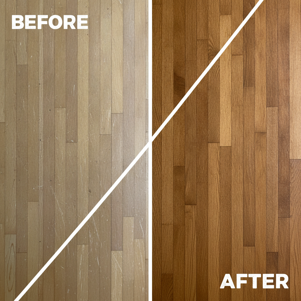 From Faded to Flawless: Hardwood Restoration A split-screen image comparing a faded, scratched hardwood floor before restoration to the same floor after being refinished, showing a rich, smooth, and vibrant surface.