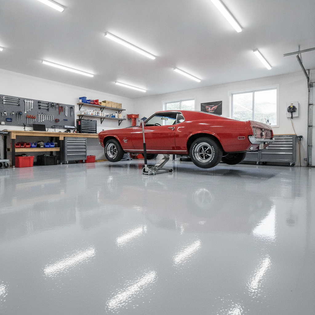 High-Performance Epoxy Flooring for a Workshop A pristine, well-organized workshop garage with a glossy, light gray epoxy or polyaspartic floor coating. A vintage muscle car is partially raised on a floor jack, demonstrating the floor's incredible point-load strength without any indentation or cracking. The lighting is bright and clean, reflecting off the seamless, durable surface.