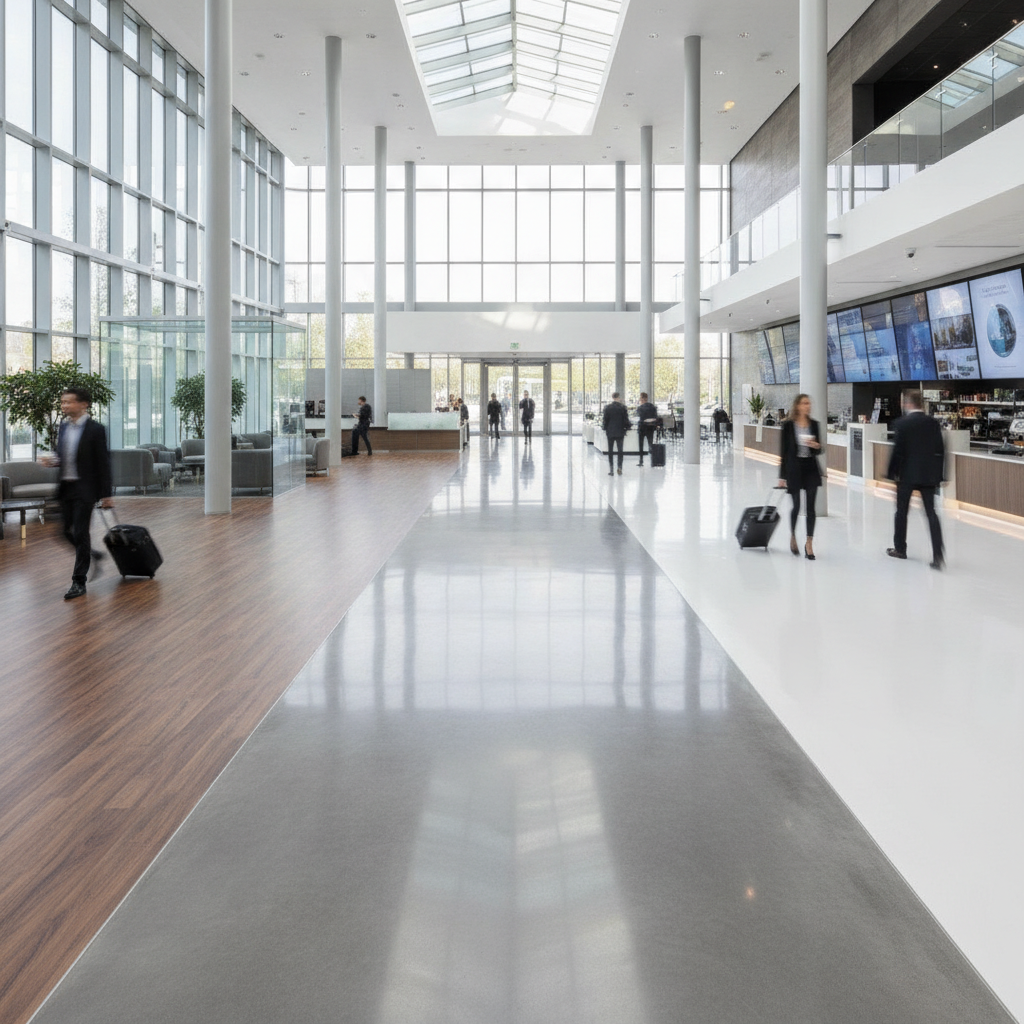 A commercial lobby floor shown in three sections: luxury vinyl tile, polished concrete, and seamless epoxy.