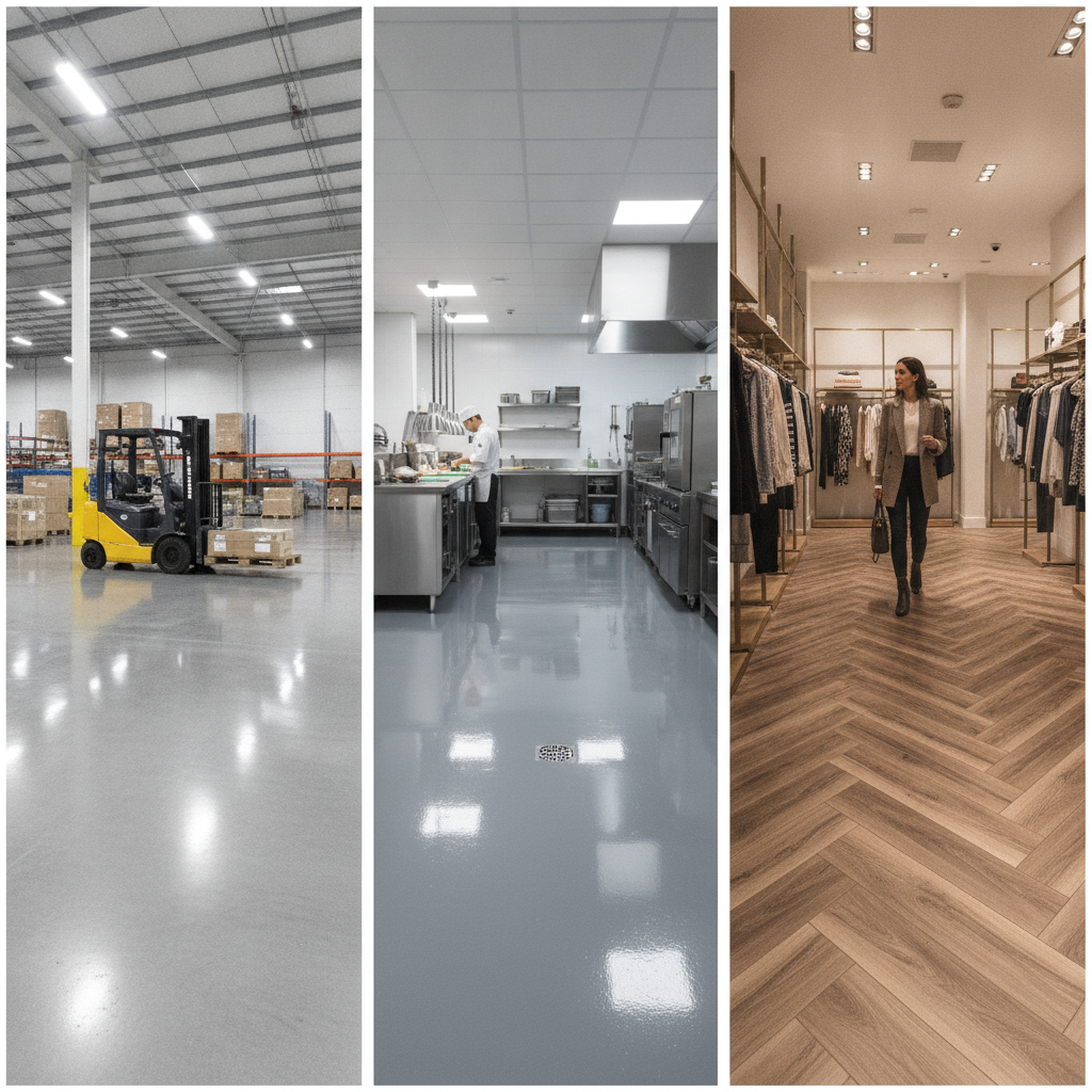 Triptych showing durable commercial flooring in action: a warehouse with polished concrete, a commercial kitchen with grey epoxy, and a retail boutique with luxury vinyl tile.