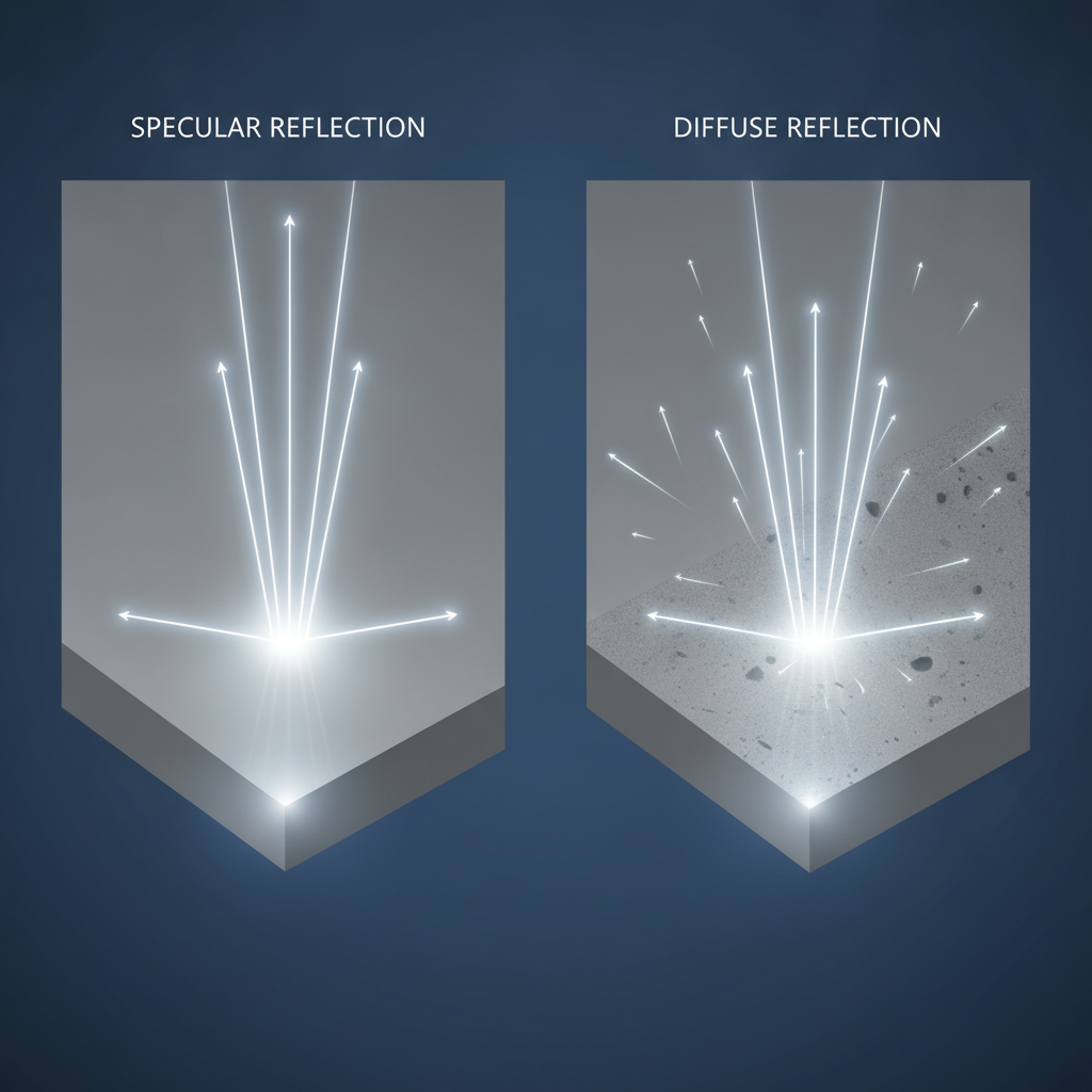 How Micro-Scratches Destroy Floor Shine A diagram illustrating how micro-scratches cause dullness. The left side shows light reflecting perfectly off a smooth floor (specular reflection), and the right side shows light scattering off a scratched floor (diffuse reflection).