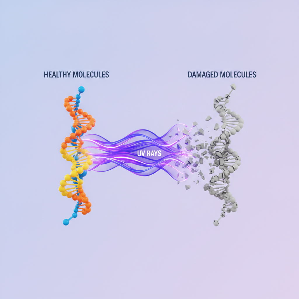 An educational illustration showing UV rays as purple lines breaking apart vibrant molecular chains, representing floor color, into fractured grey molecules.