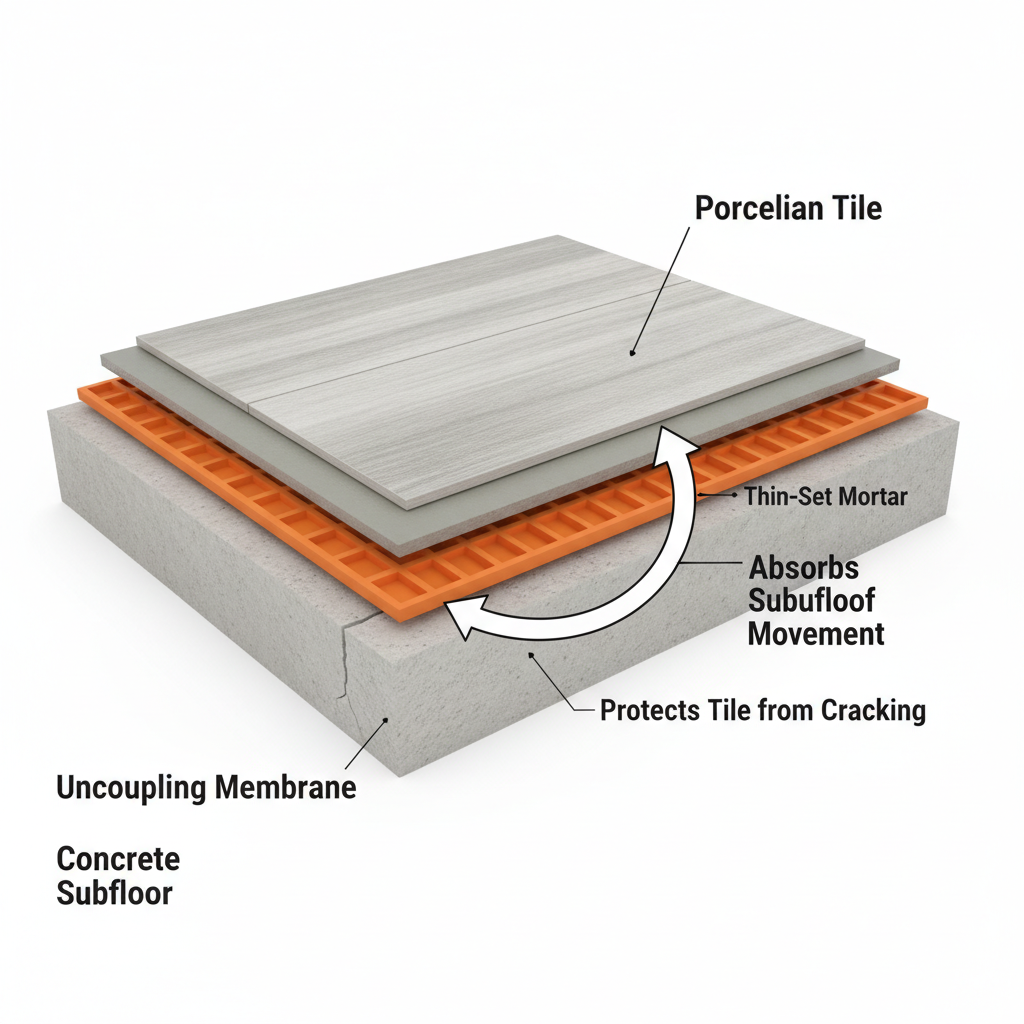 How Uncoupling Membranes Prevent Cracked Tiles A 3D cutaway diagram showing how an uncoupling membrane protects a porcelain tile from a crack in the concrete subfloor.