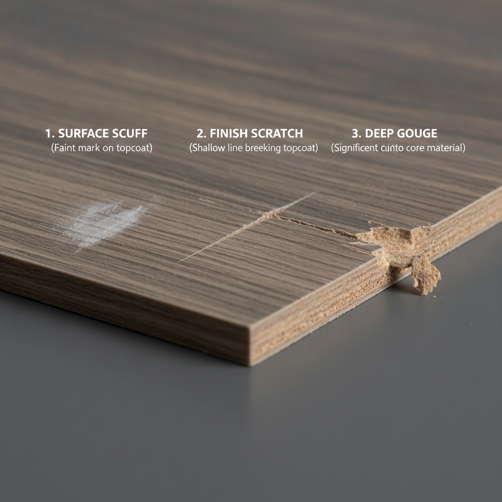 How to Diagnose Floor Scratches and Gouges A close-up diagram showing the difference between a surface scuff, a finish scratch, and a deep gouge on a floor plank.