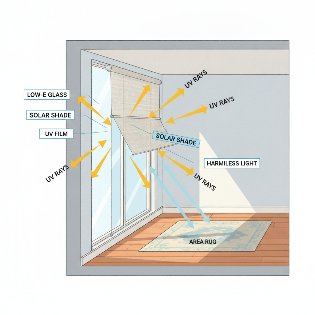 An illustrative diagram showing layers of sun protection for a floor, including Low-E glass, UV film, a solar shade, and an area rug, all working together to block UV rays.