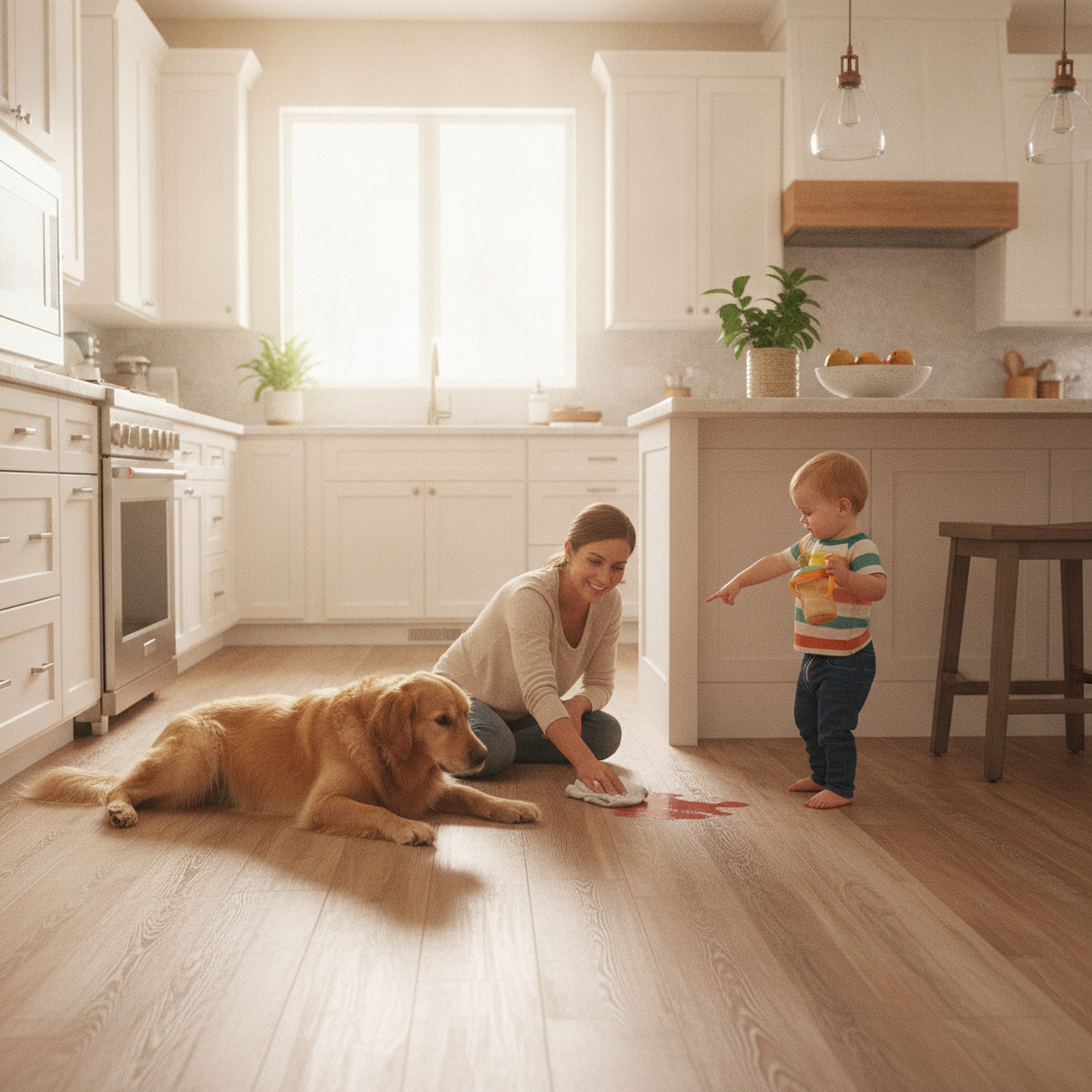 A happy family with a dog in a modern kitchen with durable LVP flooring, calmly cleaning a small spill, representing a worry-free home.