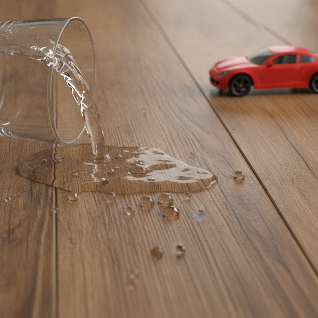 Luxury Vinyl Plank: The Waterproof Champion Water spilling and beading up on a luxury vinyl plank floor, demonstrating its waterproof and kid-proof qualities.