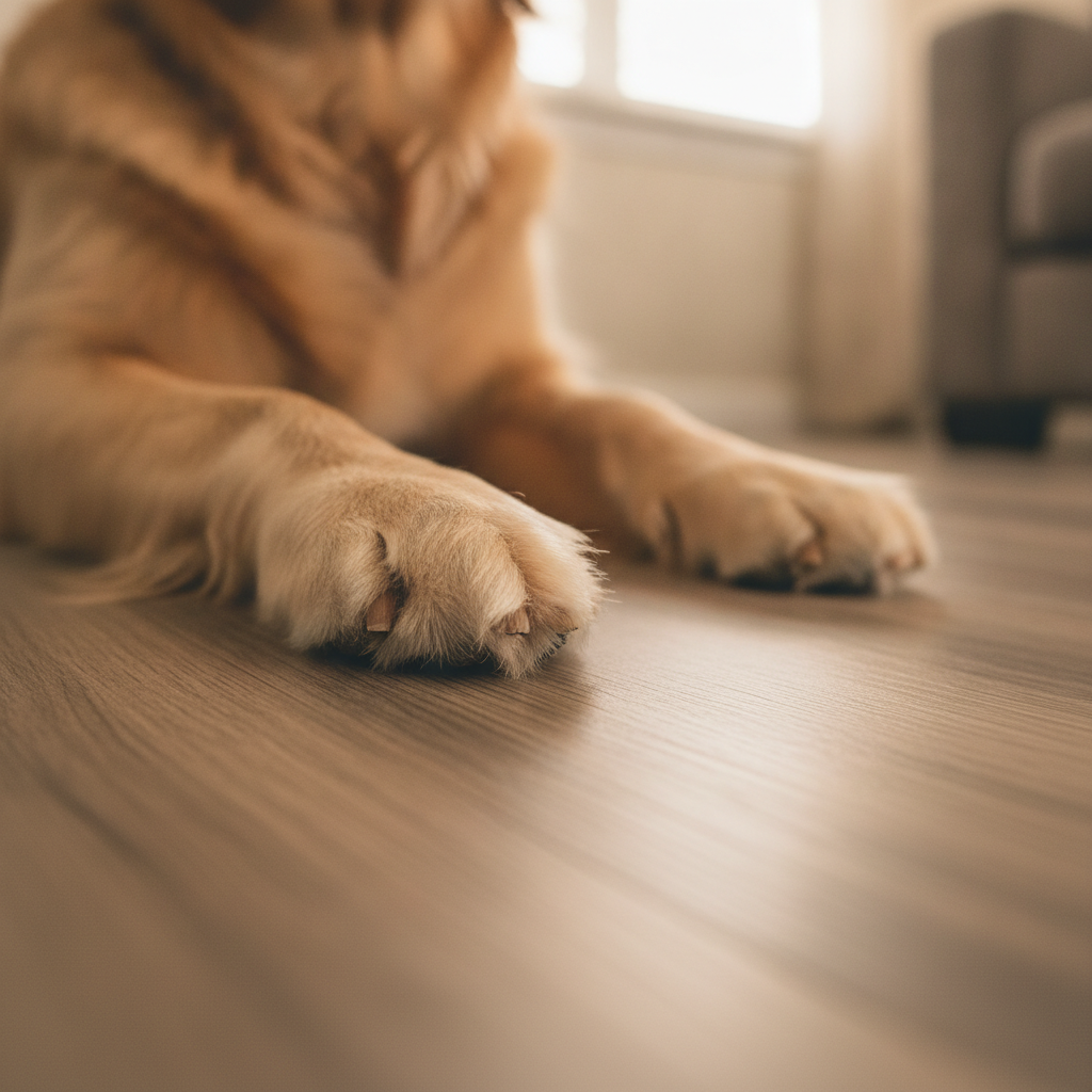Pet-Proof Floors for Peace of Mind Close-up of a dog's paws resting on a pristine, scratch-resistant laminate floor, illustrating a pet-proof flooring solution.