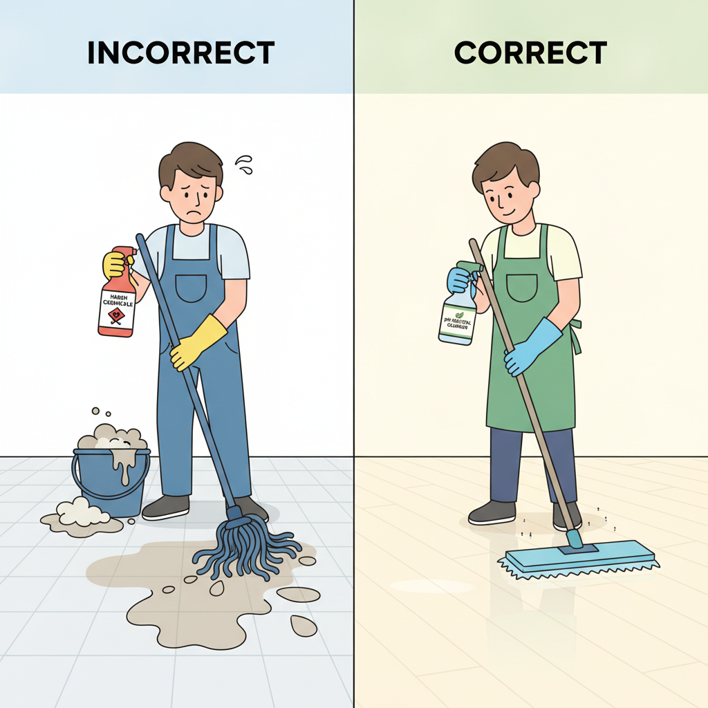 Proper vs. Improper Floor Cleaning Techniques Split-screen comparison showing incorrect cleaning with a wet mop versus correct cleaning with a damp microfiber mop.