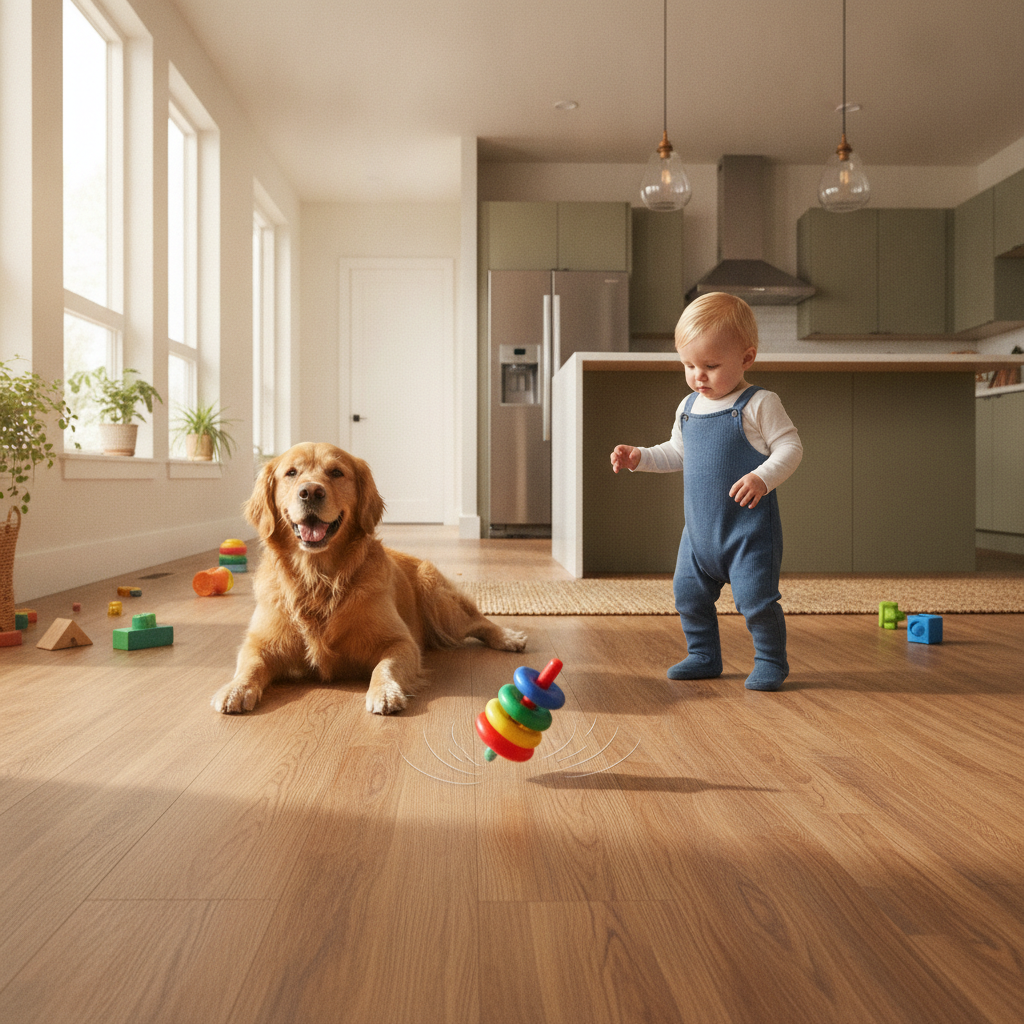 Resilient Flooring for Real Family Life A warm kitchen scene with durable luxury vinyl flooring, showing a golden retriever and a dropped toy to illustrate the floor's resilience to family life.