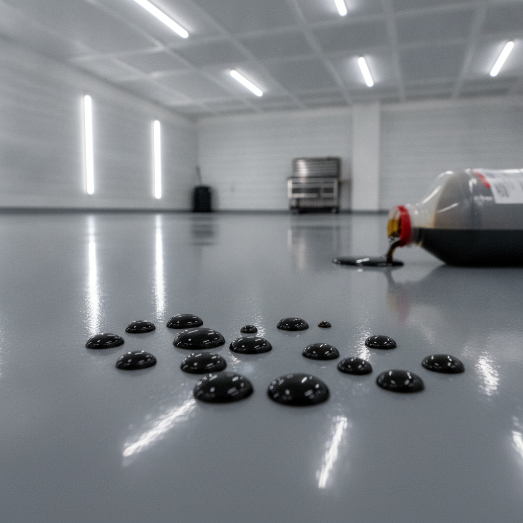 Resinous Flooring: The Ultimate Chemical Shield Spilled motor oil beading up on the surface of a high-gloss gray epoxy floor in a garage, demonstrating its chemical resistance.