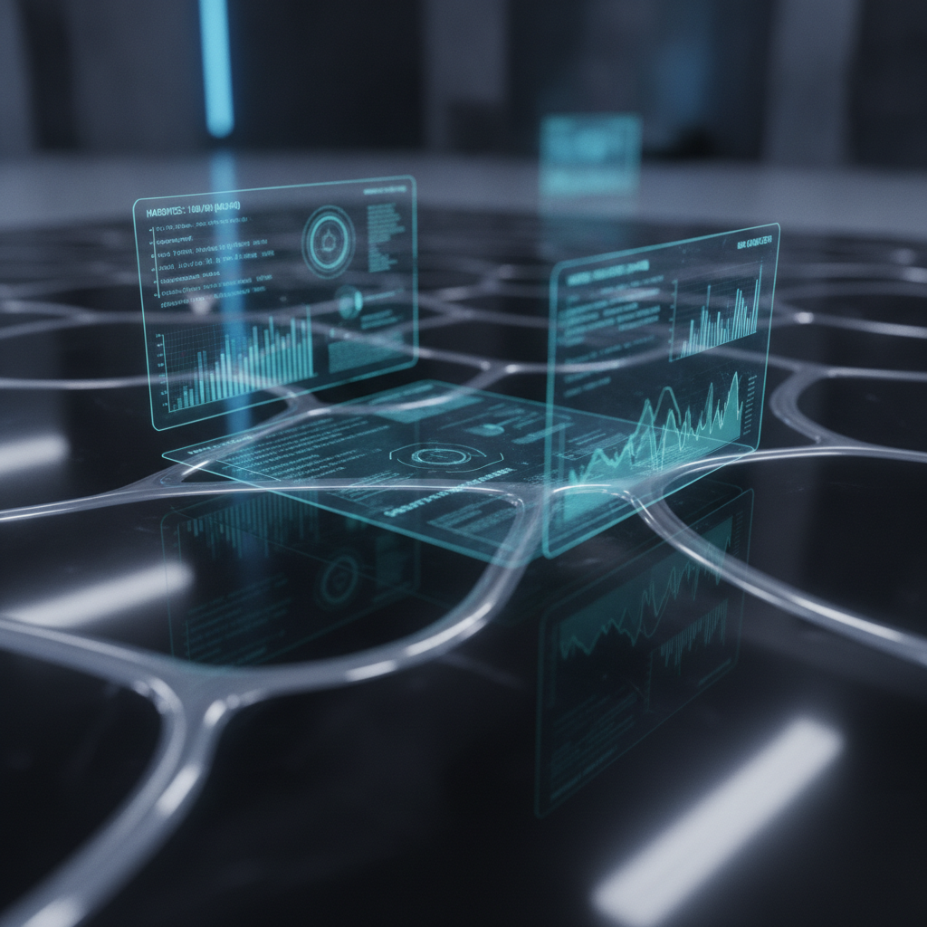 A cinematic, macro shot of a futuristic, flawless flooring material that looks like polished obsidian mixed with a metallic alloy. Hovering just above the surface are glowing, holographic data overlays and charts analyzing its properties for hardness, scratch resistance, and water immunity. The style is photorealistic, high-tech, and aspirational, with dramatic lighting highlighting the floor's perfect, unbreakable surface.