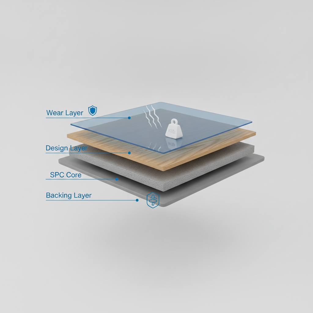 A clean, technical 3D render of a flooring plank's cross-section against a minimalist light grey background. The layers are clearly visible and labeled with simple icons: a transparent 'Wear Layer' at the top deflecting a scratch icon, a high-definition 'Design Layer' with a wood pattern, a dense 'SPC Core' resisting a weight icon, and a 'Backing Layer' for stability. The style is sleek and informative, using a blue, grey, and white color palette to convey technology and reliability.
