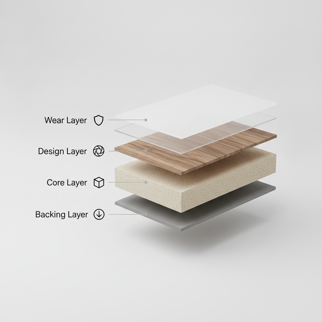 The Anatomy of a Durable Floor Infographic showing the cross-section of a durable flooring plank with labeled layers: Wear Layer, Design Layer, Core Layer, and Backing Layer.
