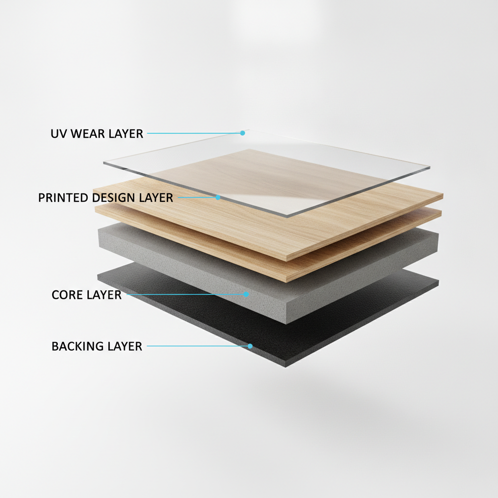 The Anatomy of a Durable LVP Floor A 3D cross-section diagram of a Luxury Vinyl Plank, showing its labeled layers: UV Wear Layer, Printed Design Layer, Core Layer, and Backing Layer.