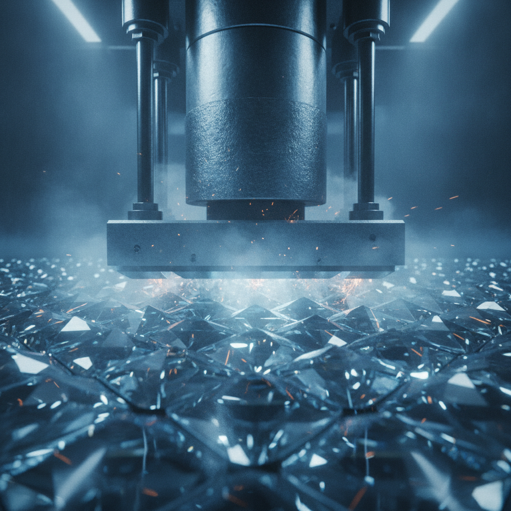 The Concept of Adamantine Flooring Strength A cinematic, macro shot of a flooring surface made of a glowing, crystalline, diamond-like material. A heavy, industrial press is applying immense pressure, but the floor remains pristine and uncracked, radiating a subtle blue light, symbolizing ultimate adamantine strength and durability.