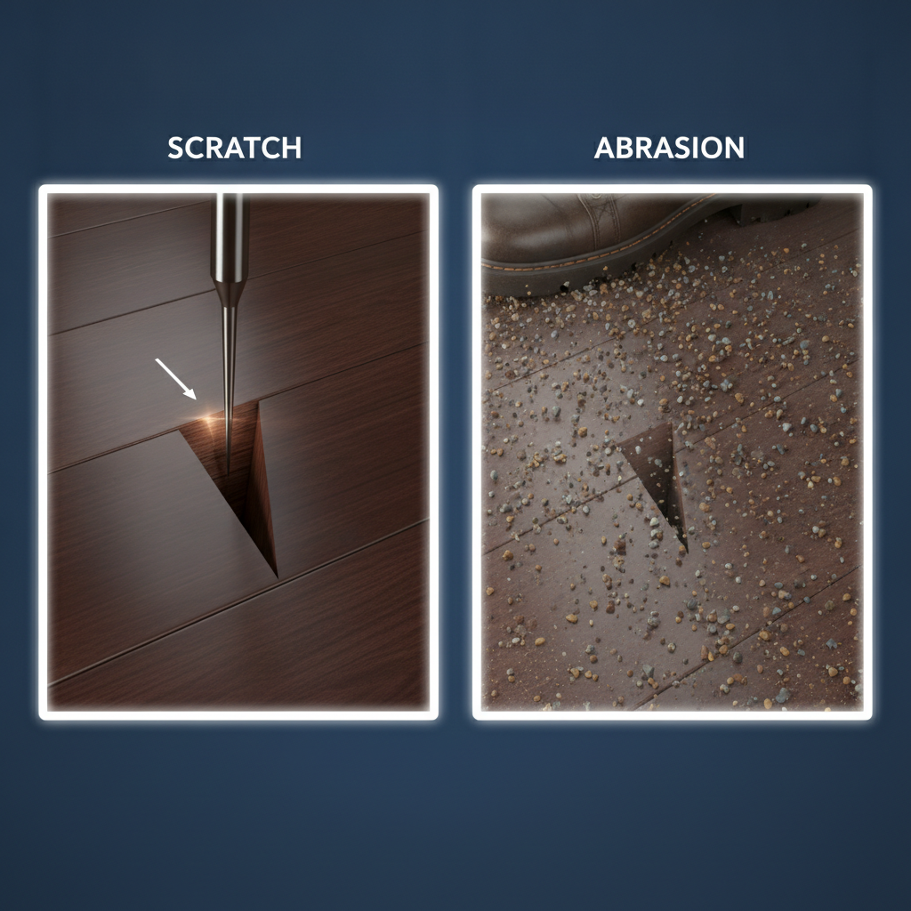 The Difference Between a Scratch and Abrasion A split-panel illustration comparing a single, deep 'Scratch' to the widespread, dulling effect of 'Abrasion' caused by tiny grit particles.