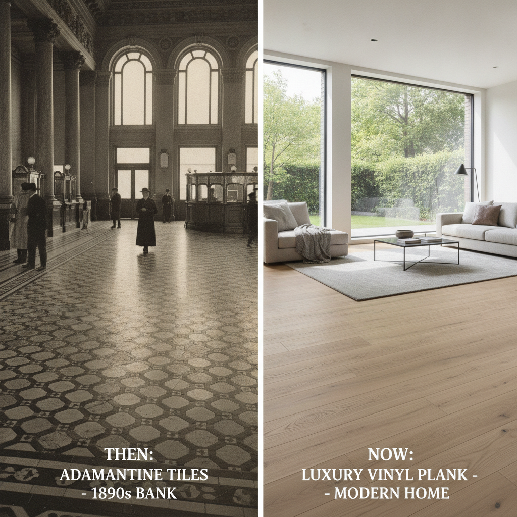 The Evolution of Durable Flooring A split-screen comparison of durable flooring, showing vintage Adamantine tiles in a 19th-century lobby on one side and a modern living room with luxury vinyl flooring on the other.