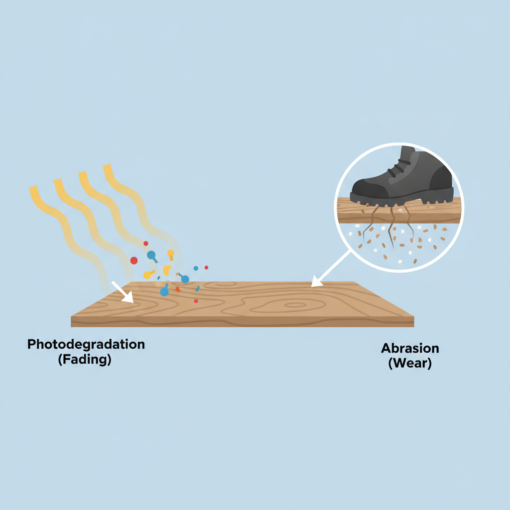 Infographic showing a flooring plank being damaged by UV sun rays (photodegradation) and abrasion from sand particles on a shoe sole (wear).