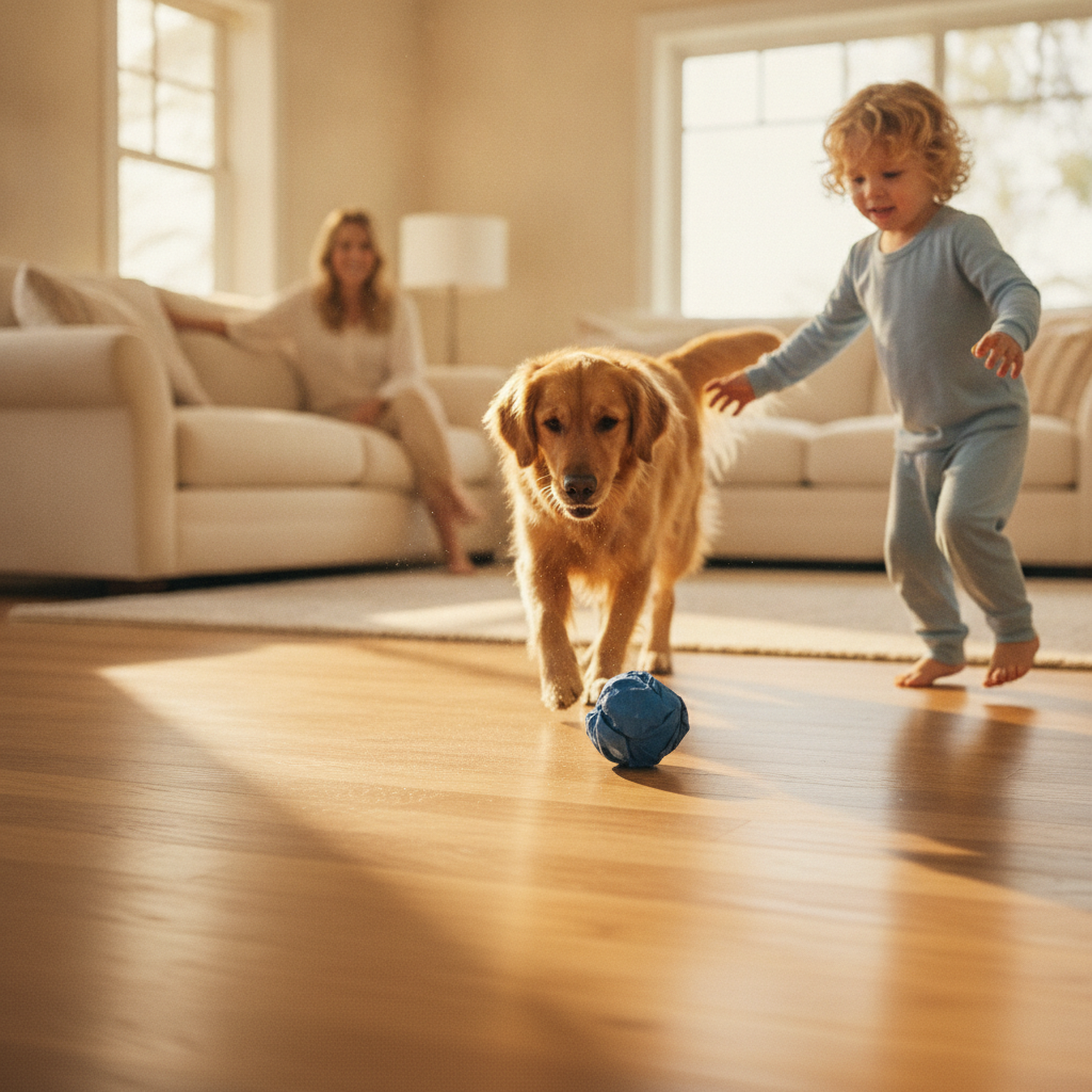 The Heart of a Durable Family Home A golden retriever and child play on a durable floor in a sunlit living room, showcasing a family-friendly home.