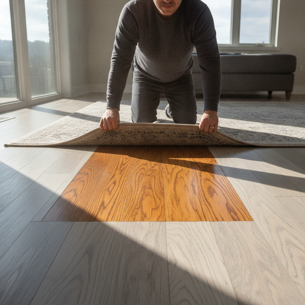 A person lifts a rug in a sunny room, revealing a stark contrast between the faded hardwood floor and the perfectly preserved, unfaded area underneath the rug.