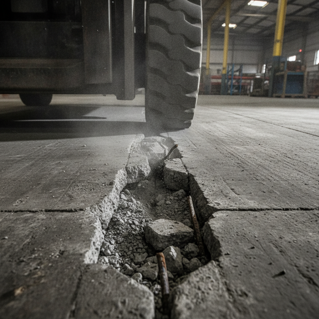 The High Cost of Forklift and Floor Damage A dramatic, close-up, and gritty photorealistic image focusing on a forklift's wheel impacting a badly spalled and cracked expansion joint in an old concrete floor. The impact creates a small puff of concrete dust, emphasizing the force and damage. The perspective is low, making the floor damage the hero of the shot, symbolizing the direct cause of equipment wear and tear. The lighting is harsh industrial, creating deep shadows in the cracks.